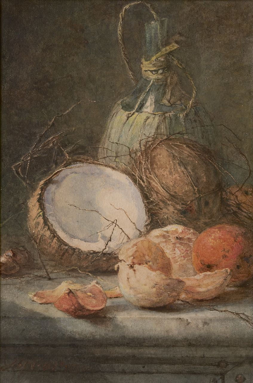 Vos M.  | Maria Vos | Watercolours and drawings offered for sale | Still life with a wine bottle, coconuts and oranges, pencil and watercolour on paper laid down on board 55.0 x 37.0 cm, signed l.l. and dated 1880