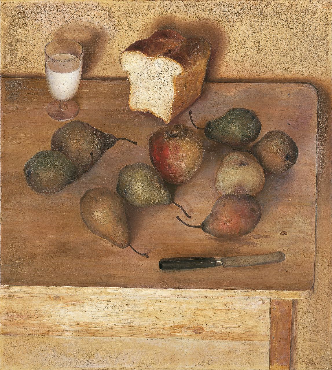 Schram W.J.B.A.  | Wouter Jorinus Bernardus Antonius 'Wout' Schram, A still life with pears, oil on canvas 66.2 x 60.0 cm, signed l.r. and on the reverse