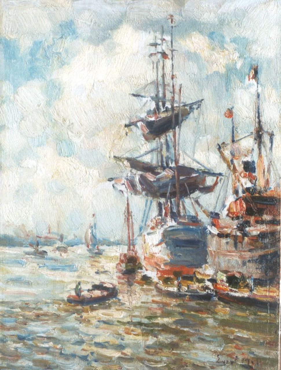 Moll E.  | Evert Moll, Ships and a three-master in the Rotterdam Harbour, oil on canvas laid down on panel 24.9 x 18.9 cm, signed l.r.