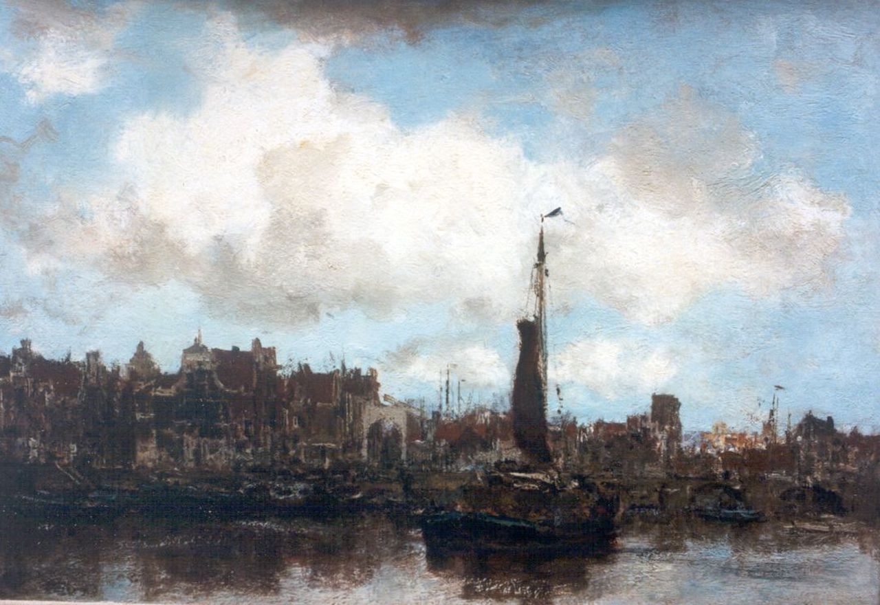 Maris J.H.  | Jacobus Hendricus 'Jacob' Maris, Shipping in the harbour of Amsterdam, oil on canvas 31.2 x 44.6 cm, signed l.r.