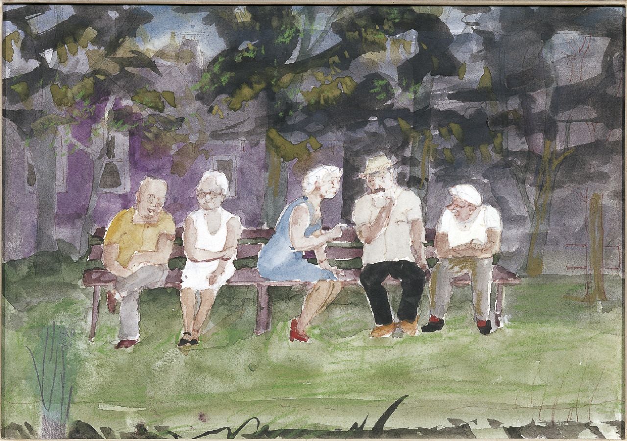 Kamerlingh Onnes H.H.  | 'Harm' Henrick Kamerlingh Onnes, Figures in a park, pencil, pen, chalk and gouache on paper 21.0 x 29.1 cm, signed l.l. with monogram and dated '80