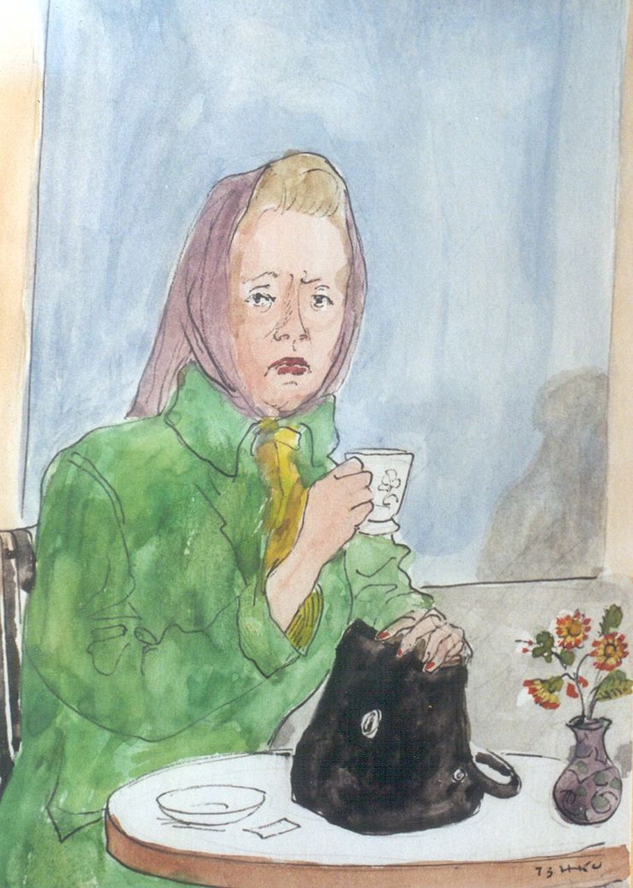 Kamerlingh Onnes H.H.  | 'Harm' Henrick Kamerlingh Onnes, A cup of tea, felt-tip pen, ballpoint and watercolour on paper 18.5 x 14.1 cm, signed l.r. with monogram and dated '73