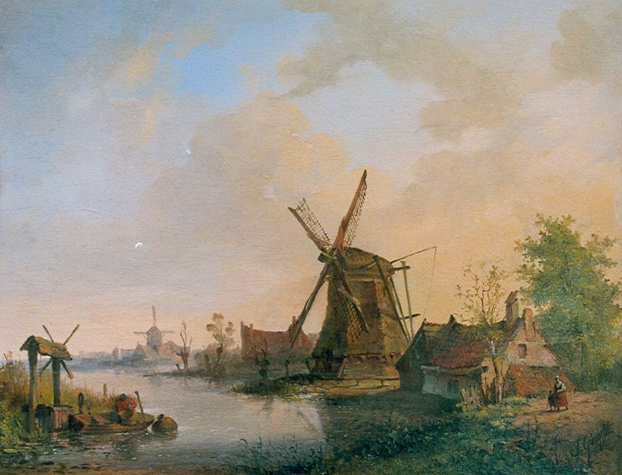Grootveld J.D.G.  | Jan David Geerling Grootveld, Windmills along a waterway, oil on panel 20.4 x 26.2 cm, signed l.r. and dated 1840