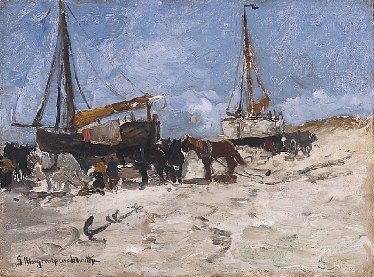 Munthe G.A.L.  | Gerhard Arij Ludwig 'Morgenstjerne' Munthe, Horses and 'bomschuiten' on the beach, oil on canvas laid down on panel 40.2 x 54.1 cm, signed l.l.