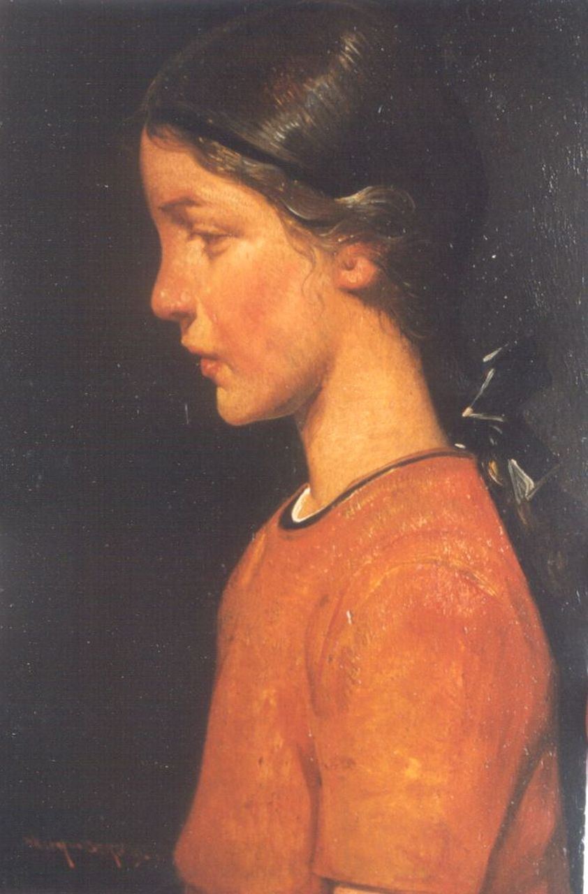 Berg W.H. van den | 'Willem' Hendrik van den Berg, A portrait of a young girl en profil, oil on panel 19.0 x 12.6 cm, signed l.l. and dated 1929