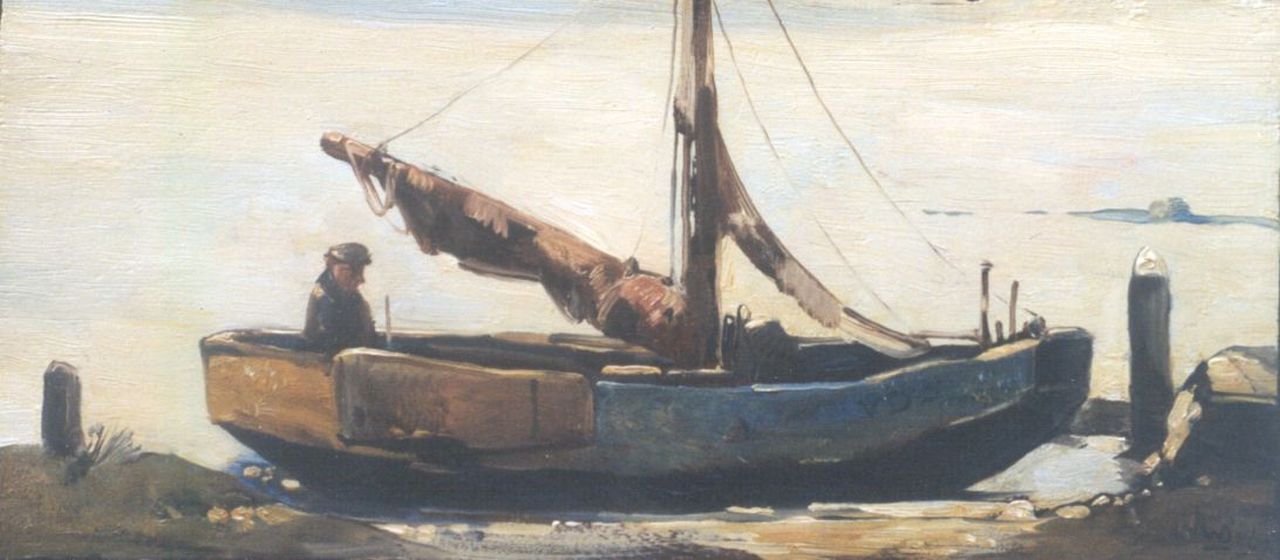 Berg W.H. van den | 'Willem' Hendrik van den Berg, A moored flatboat, Volendam, oil on panel 12.7 x 27.8 cm, signed l.r. with monogram and dated 1967