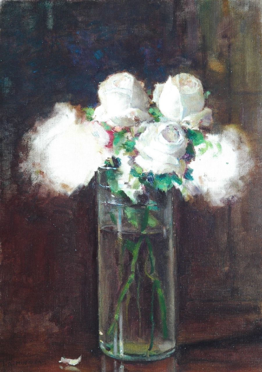 Muenier J.A.  | Jules Alexis Muenier, White roses in a glass vase, oil on canvas 46.2 x 33.2 cm, signed l.l.