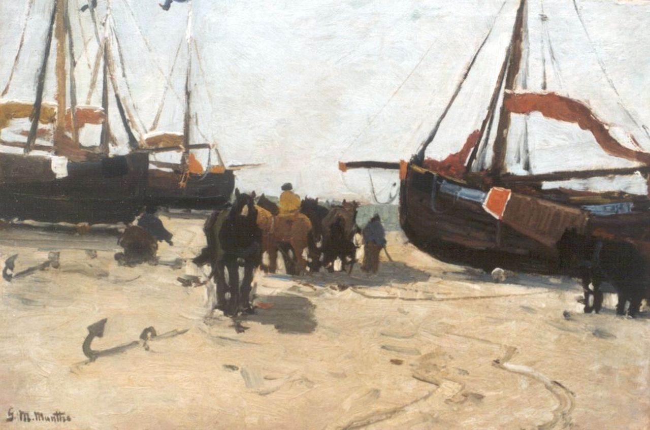 Munthe G.A.L.  | Gerhard Arij Ludwig 'Morgenstjerne' Munthe, 'Bomschuiten' on the beach, oil on canvas laid down on panel 37.8 x 53.4 cm, signed l.l.