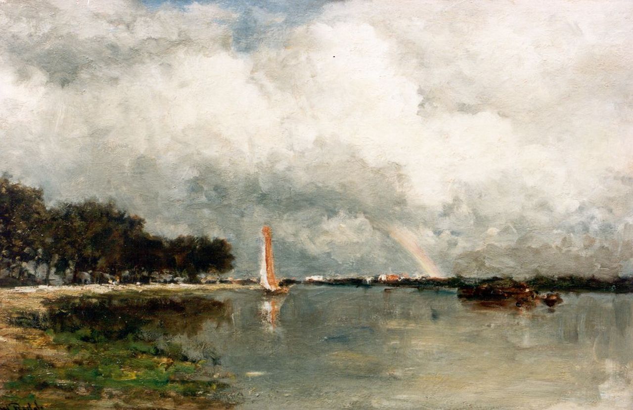 Roelofs W.  | Willem Roelofs, A river landscape with a rainbow, oil on canvas 47.4 x 74.0 cm, signed l.l.