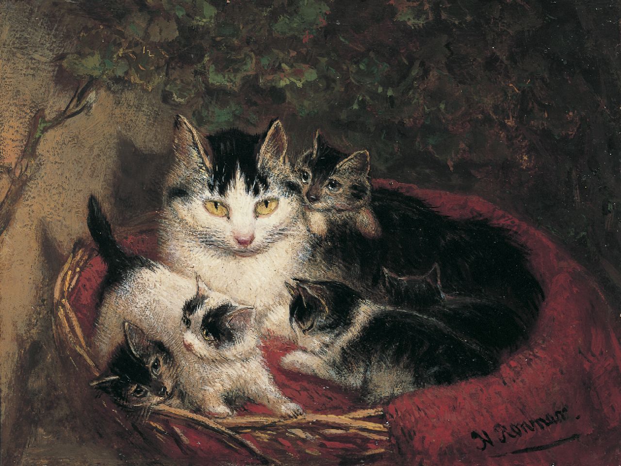 Ronner-Knip H.  | Henriette Ronner-Knip, The proud mother, oil on panel 10.9 x 14.1 cm, signed l.r.