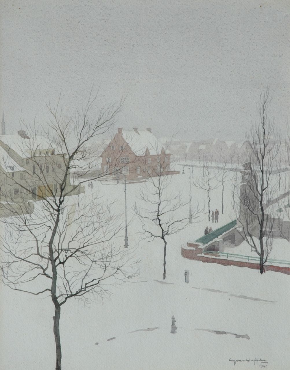 Duffelen G. van | Gerrit van Duffelen, A view of South Amsterdam in the snow, watercolour on paper 46.5 x 37.7 cm, signed l.r. and dated 1941