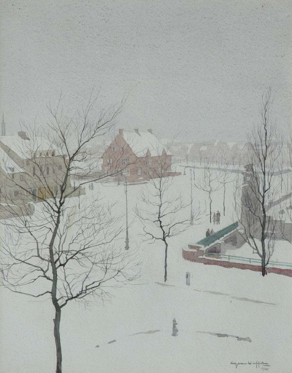 Duffelen G. van | Gerrit van Duffelen, A view of South Amsterdam in the snow, watercolour on paper 46.5 x 37.7 cm, signed l.r. and dated 1941