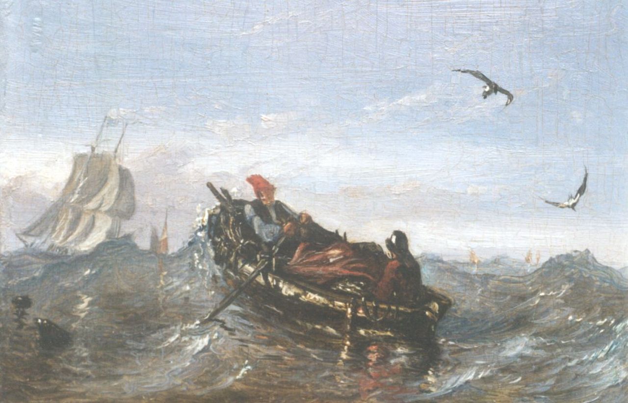 Beest A. van | Albertus van Beest, A barge on choppy waters, oil on panel 9.2 x 13.4 cm