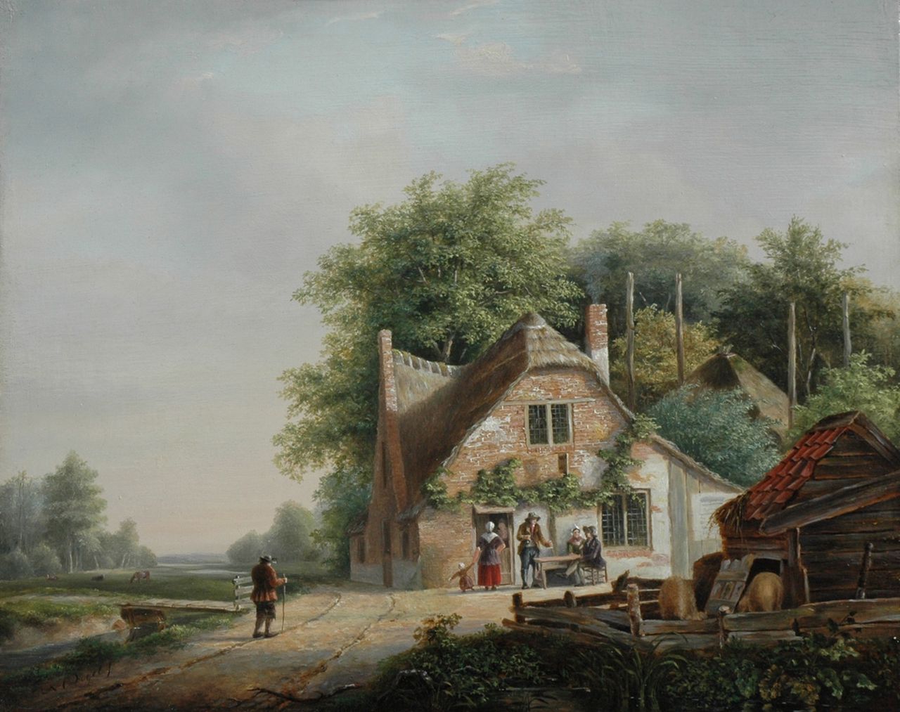 Vogel N.C.  | Nicolaas Cornelis Vogel, Travellers by an inn, oil on panel 30.0 x 38.0 cm, signed l.l.