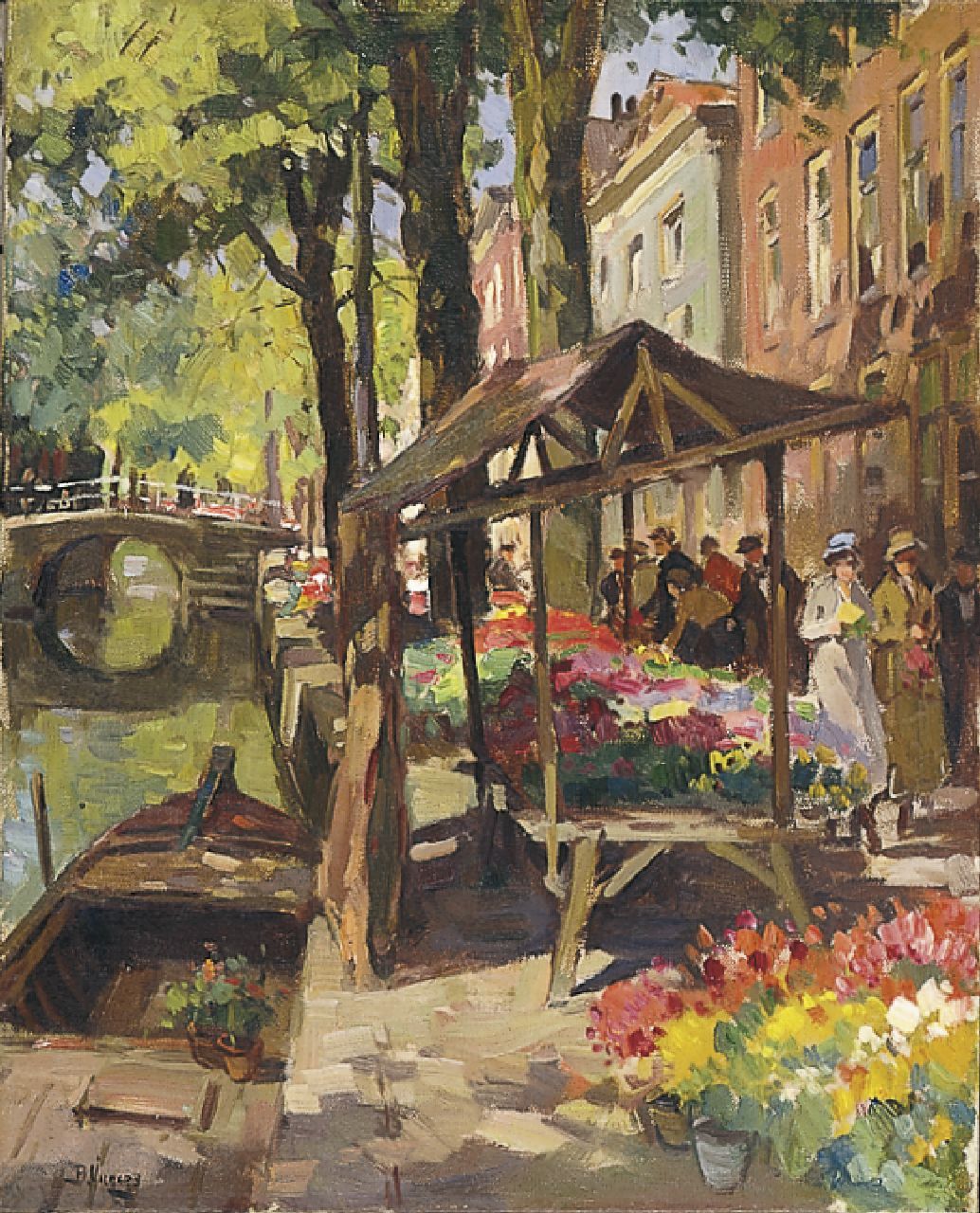 Viegers B.P.  | Bernardus Petrus 'Ben' Viegers, The flower market, Delft, oil on canvas 50.0 x 40.3 cm, signed l.l.