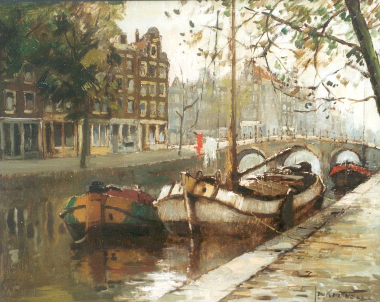 Korthals J.  | Johannes 'Jan' Korthals, Moored boats in a canal, Amsterdam, oil on canvas 40.3 x 49.9 cm, signed l.r.