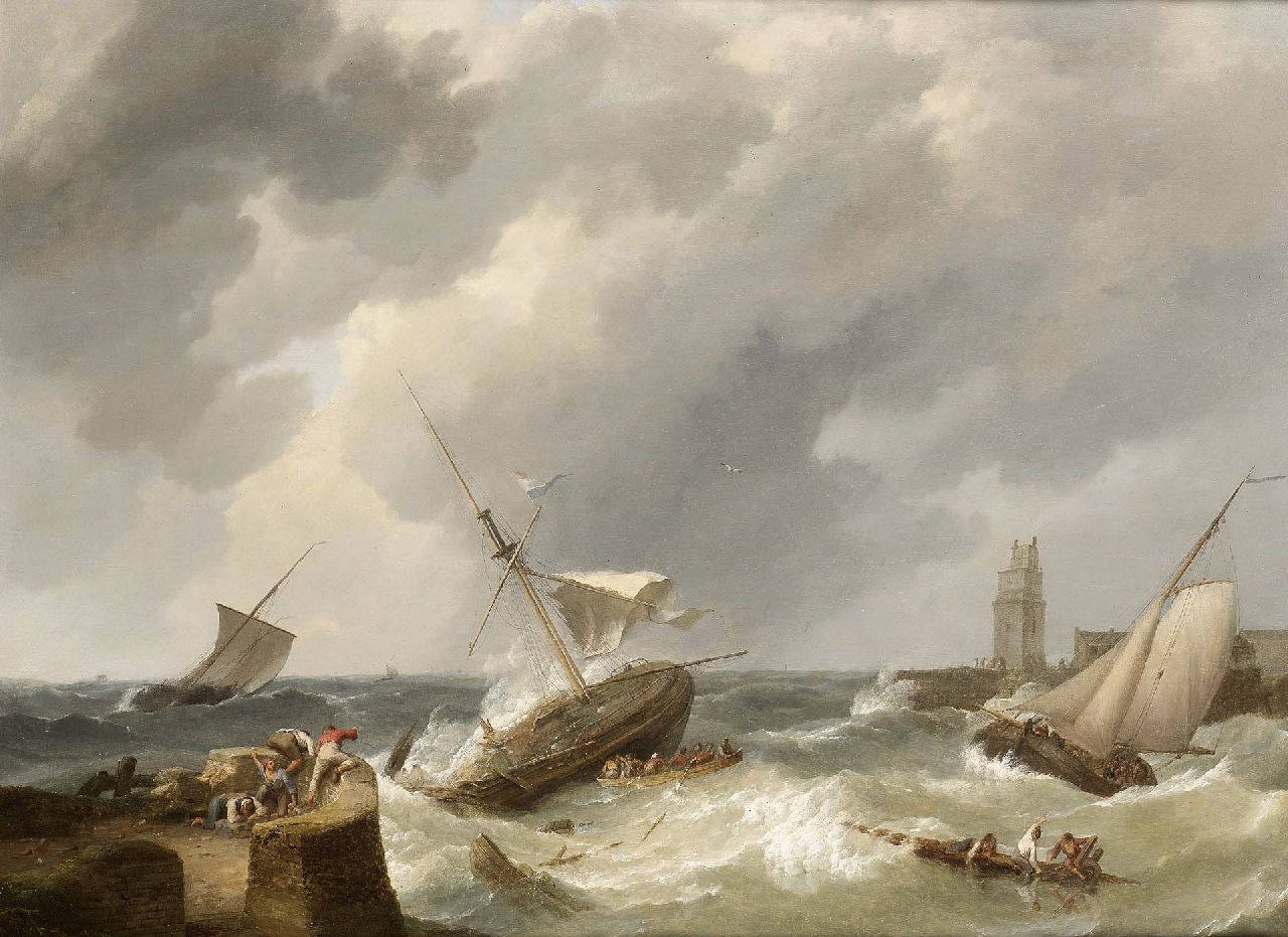 Koekkoek J.H.  | Johannes Hermanus Koekkoek, Dutch barges caught in a squall, oil on canvas laid down on panel 63.5 x 85.0 cm, signed l.l. and dated 1838