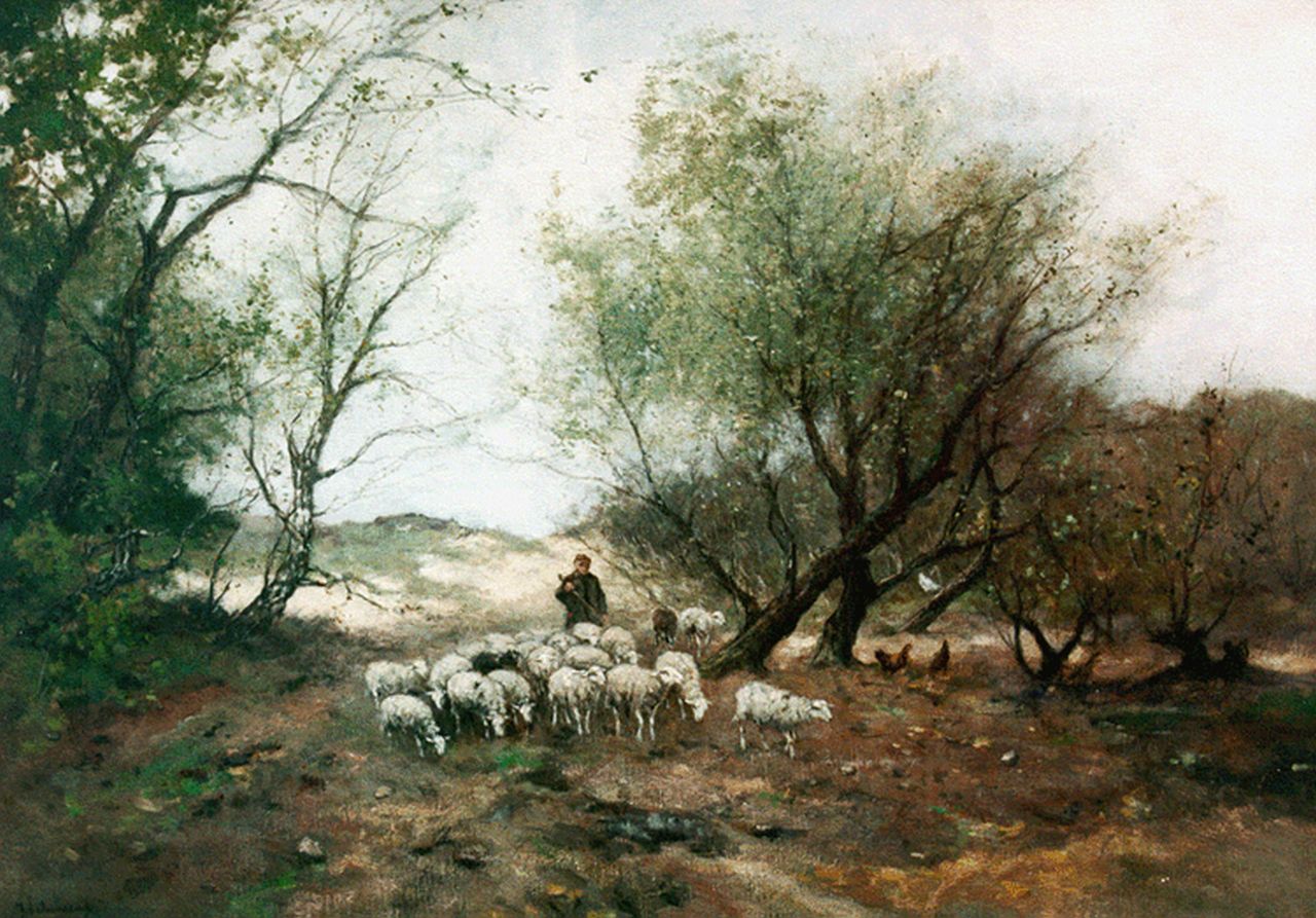 Scherrewitz J.F.C.  | Johan Frederik Cornelis Scherrewitz, A shepherd and his flock, oil on canvas 70.5 x 100.2 cm, signed l.l.