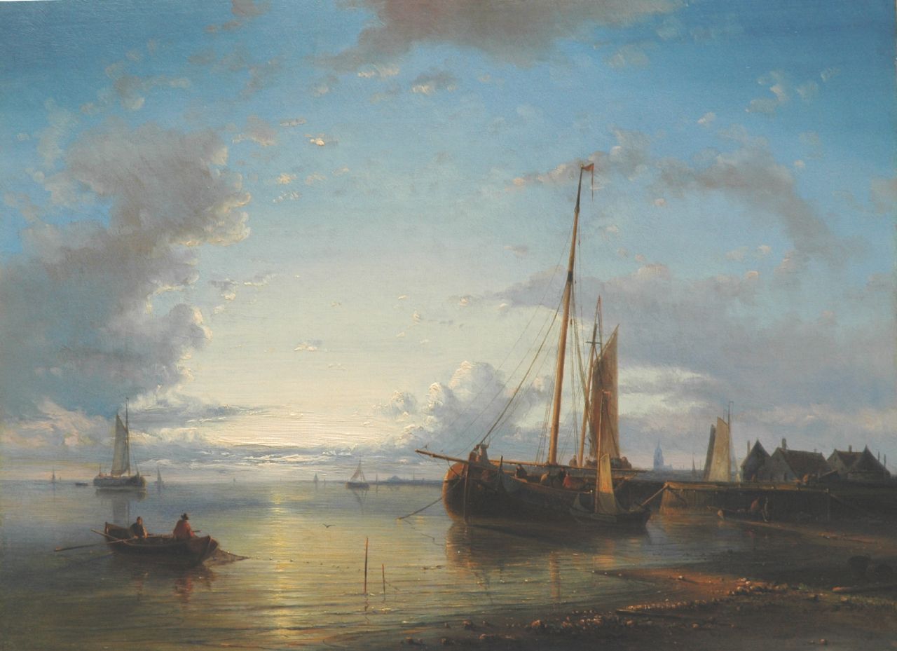 Hulk A.  | Abraham Hulk, A calm estuary scene at sunset, oil on panel 40.4 x 55.0 cm