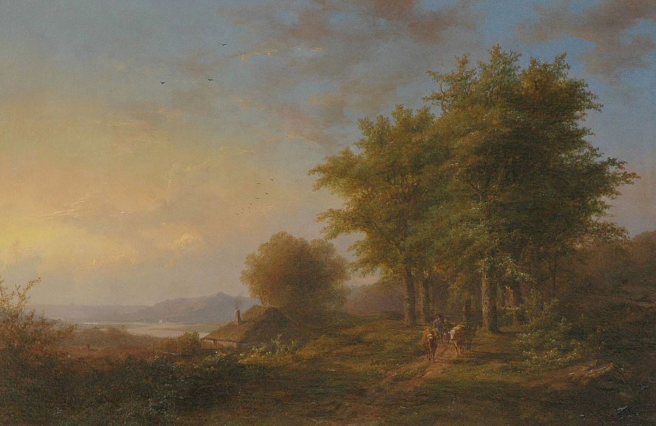 Klombeck J.B.  | Johann Bernard Klombeck, Summer landscape with shepherds and cattle, oil on panel 38.2 x 56.2 cm, signed l.r.