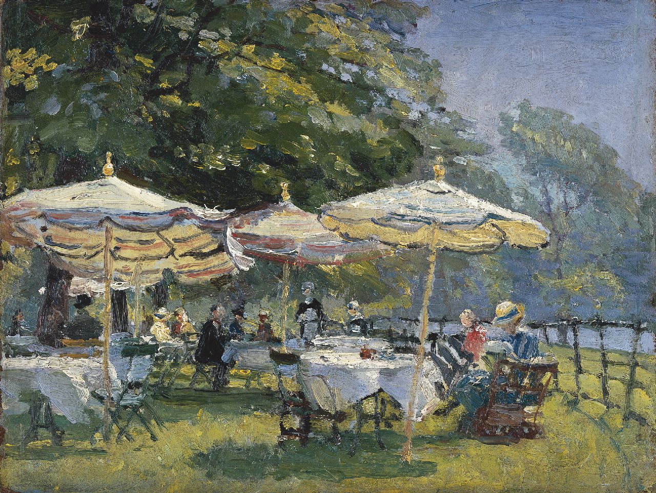 Moll E.  | Evert Moll, Afternoon tea on a terrace, oil on painter's board 26.6 x 35.3 cm