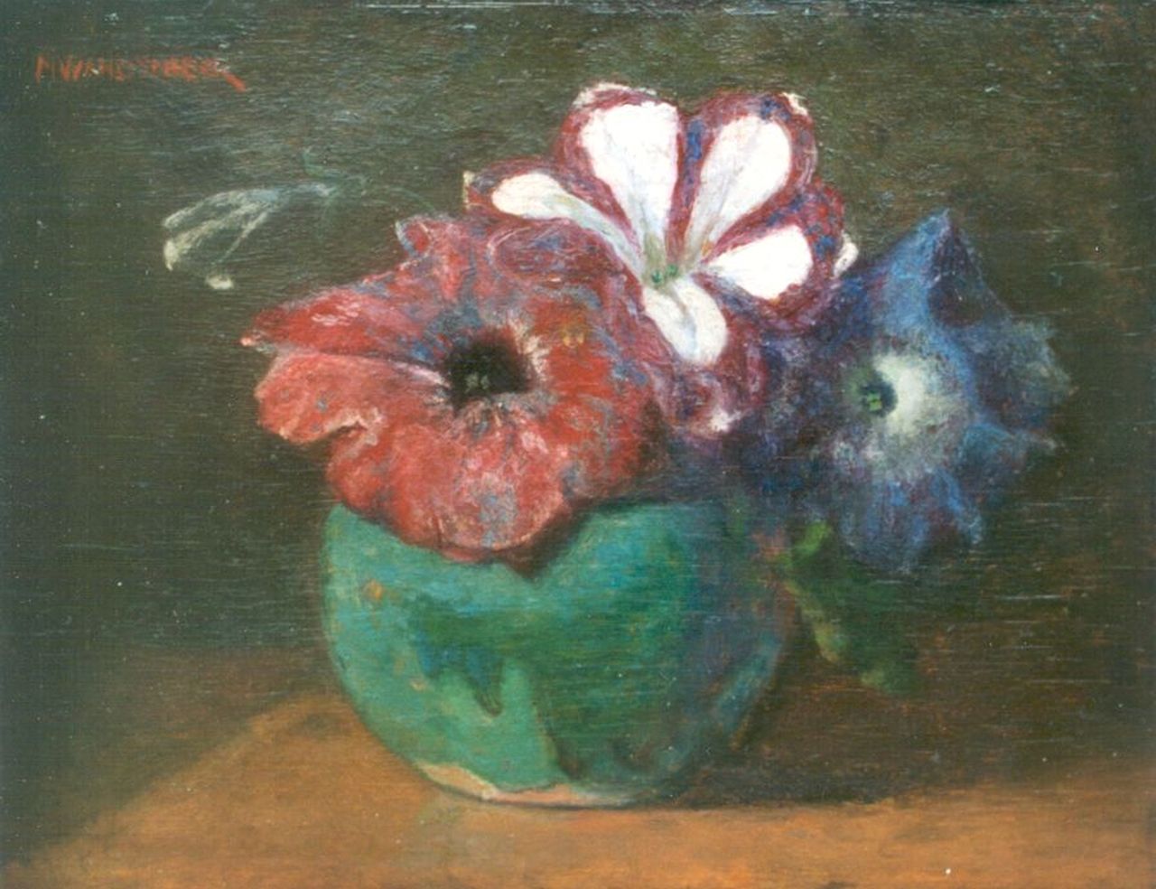 Wandscheer M.W.  | Maria Wilhelmina 'Marie' Wandscheer, Petunias in a ginger jar, oil on panel 22.4 x 28.7 cm, signed u.l.