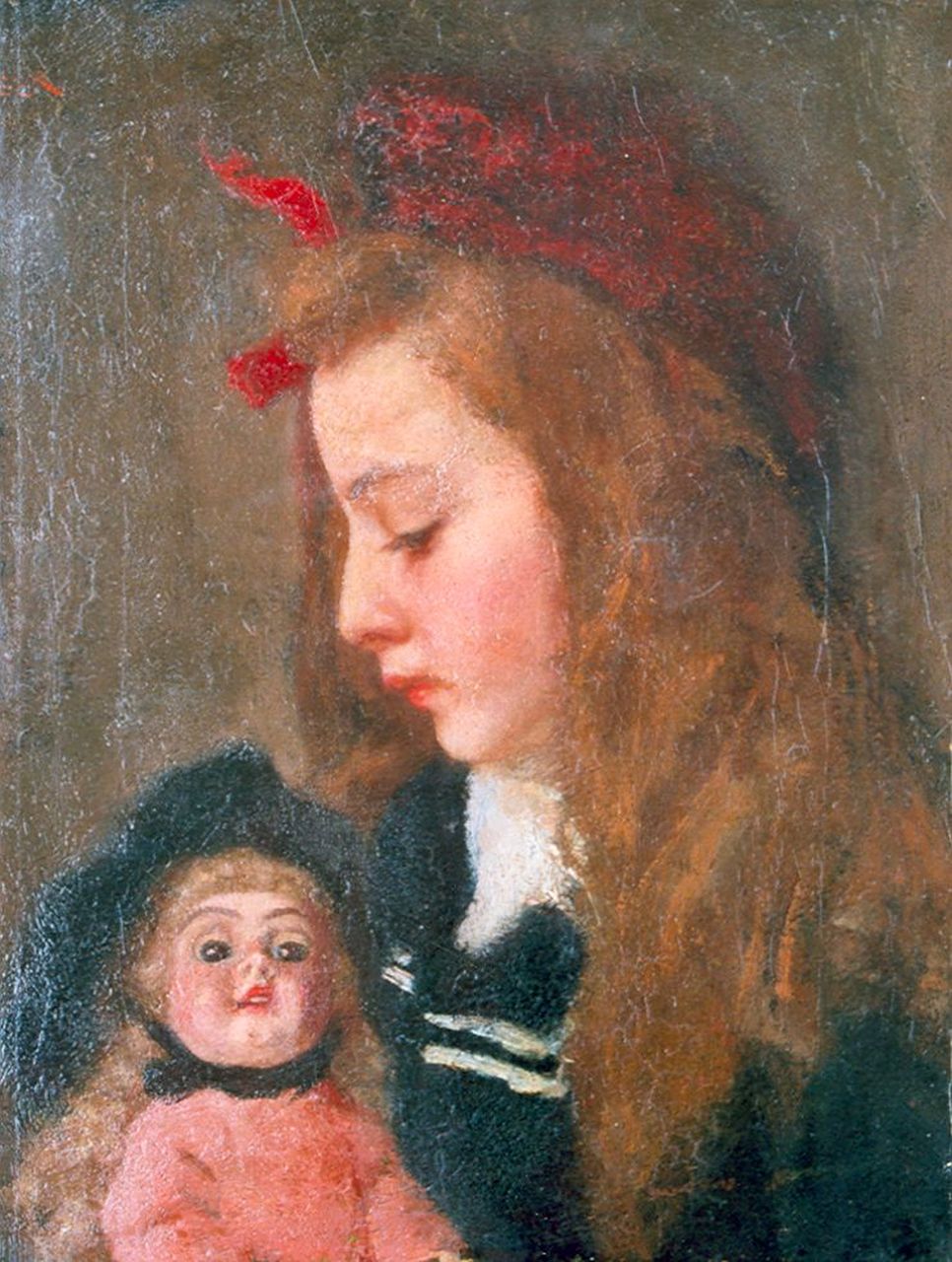 Wandscheer M.W.  | Maria Wilhelmina 'Marie' Wandscheer, Henriëtte Thueré with a doll, oil on canvas 41.4 x 31.5 cm, signed u.l. traces of signature