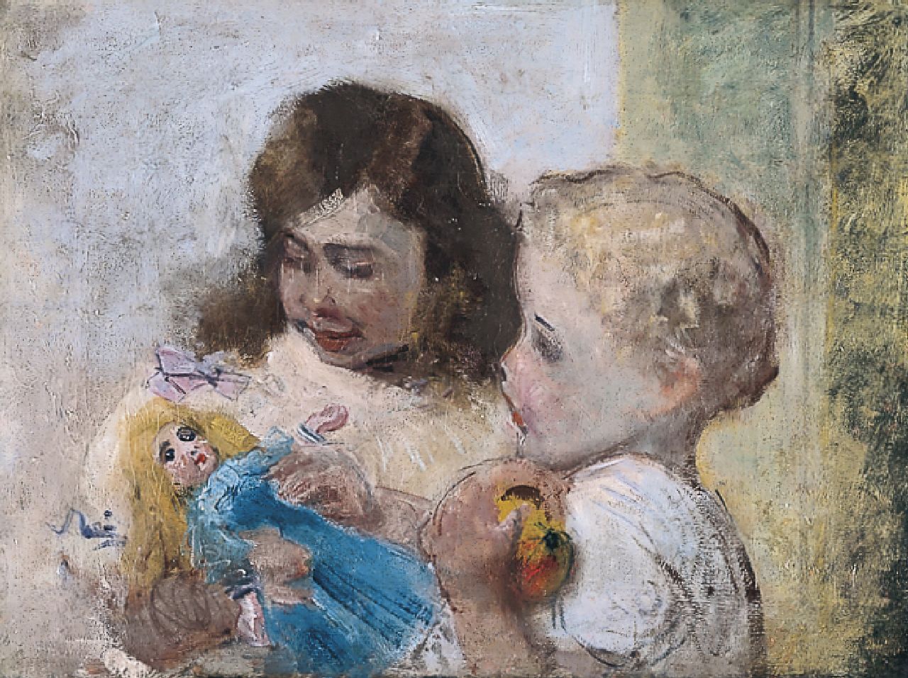 Rink P.Ph.  | Paulus Philippus 'Paul' Rink, Children with a doll, oil on canvas 49.5 x 65.0 cm, signed on the reverse