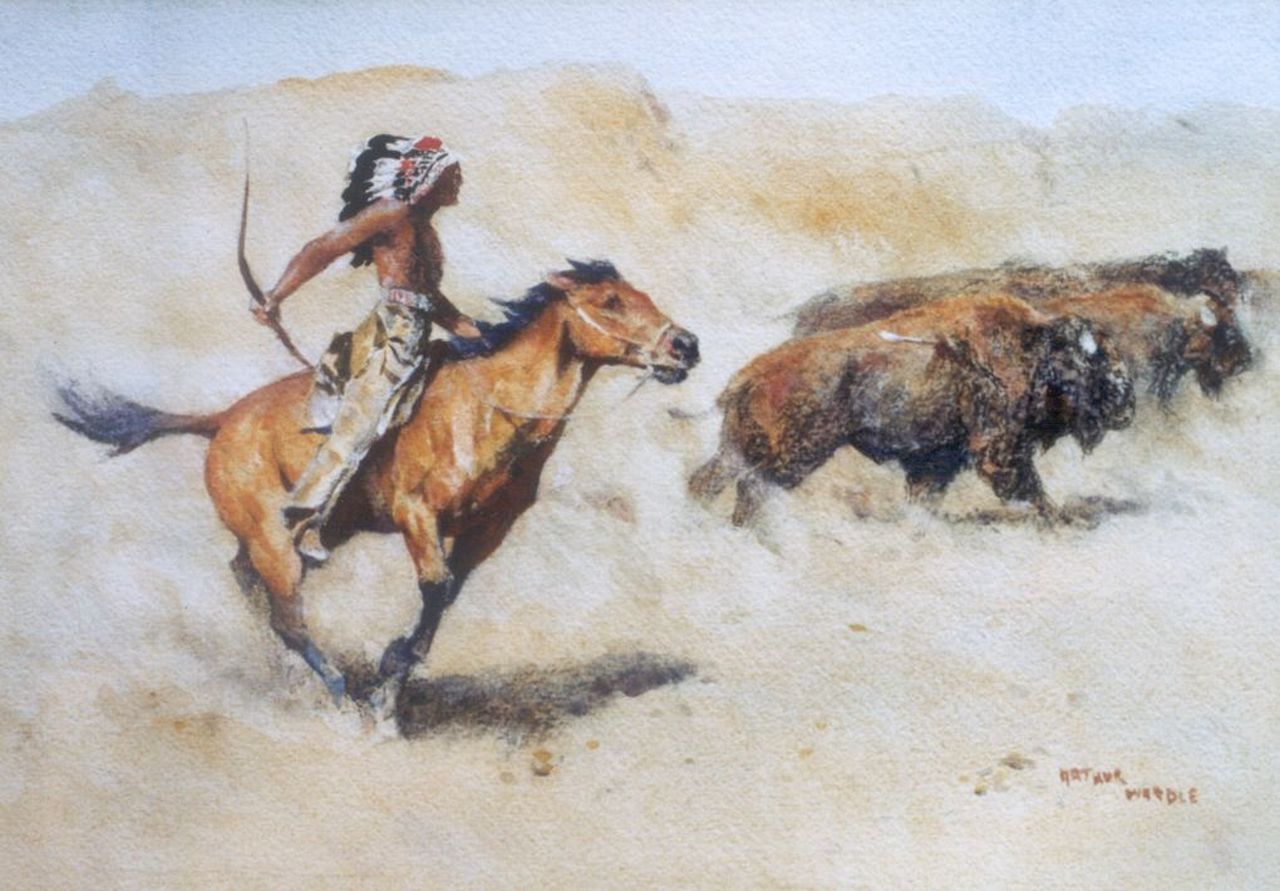 Wardle A.  | Arthur Wardle, The buffalo hunt, watercolour on paper 30.2 x 40.1 cm, signed l.r.