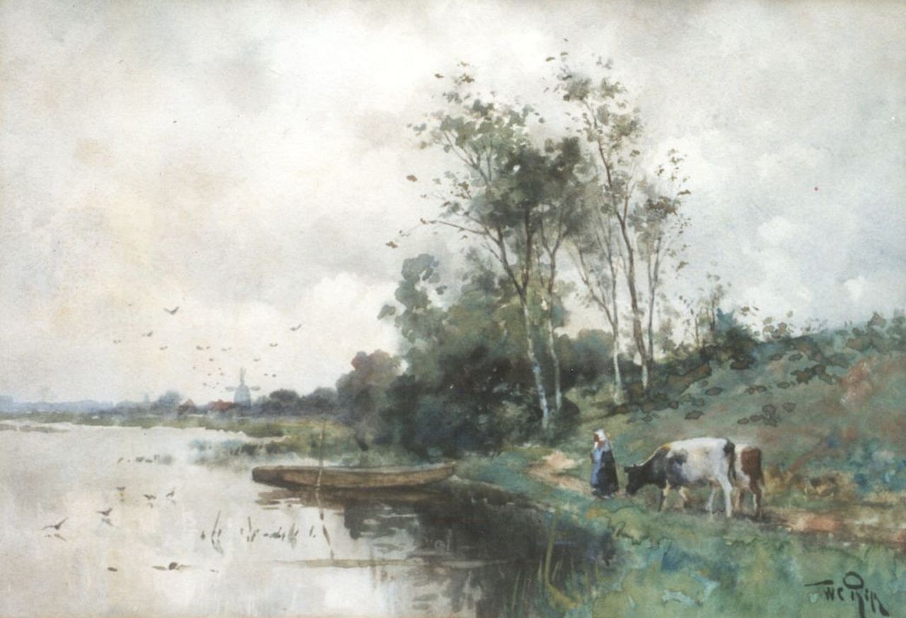 Rip W.C.  | 'Willem' Cornelis Rip, A cowherd on a path along the water near Bergschenhoek, watercolour on paper 23.8 x 34.5 cm, signed l.r.