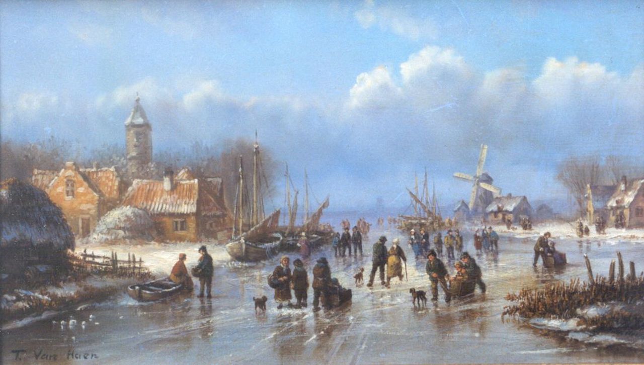 Haen T. van | van Haen, A winter landscape with skaters on the ice, oil on panel 16.0 x 26.9 cm, signed l.l.