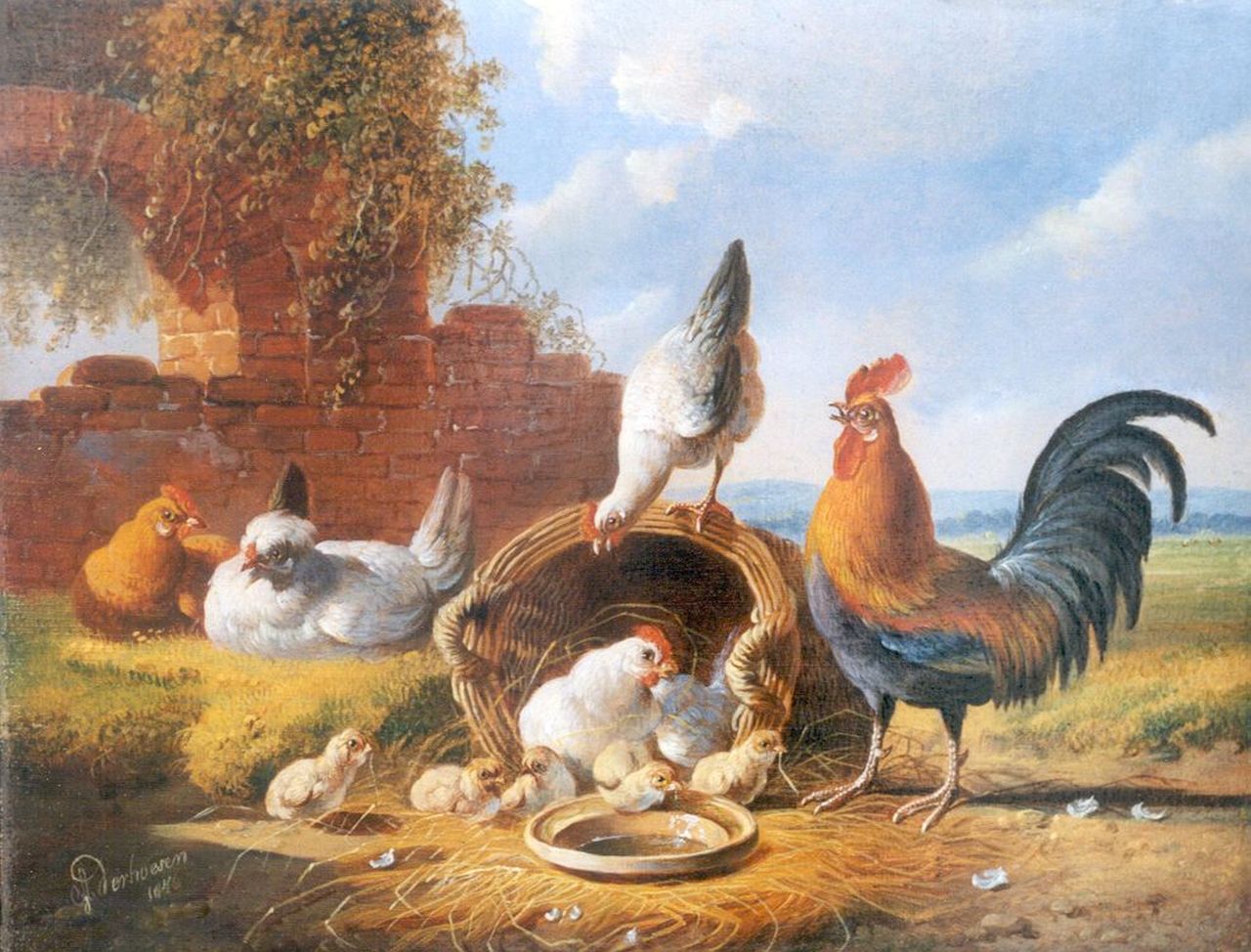 Verhoesen A.  | Albertus Verhoesen, Poultry in a classical landscape, oil on panel 18.6 x 24.1 cm, signed l.l. and dated 1876