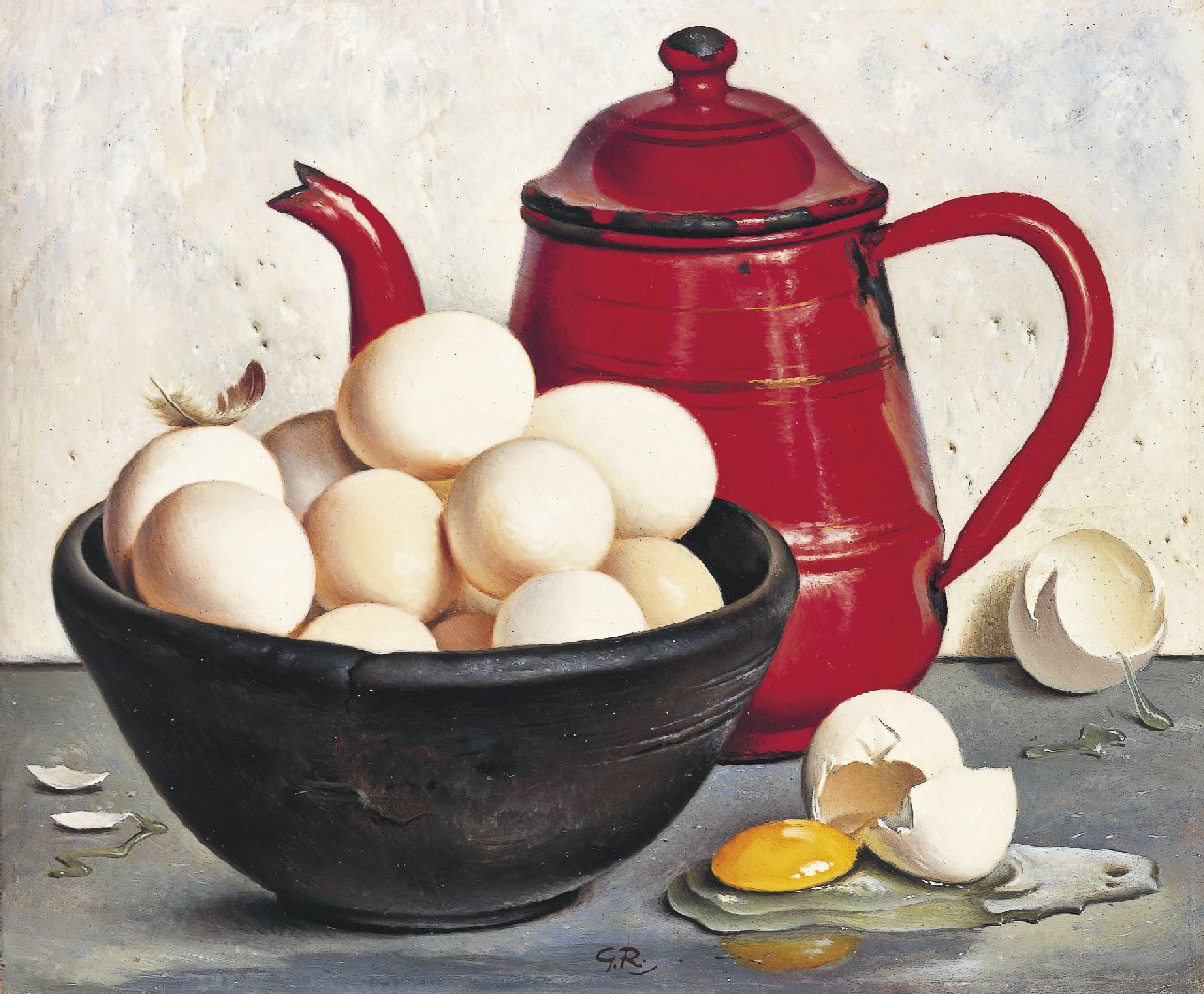 Röling G.V.A.  | Gerard Victor Alphons 'Gé' Röling, A still life with eggs, oil on board 24.9 x 30.0 cm, signed l.c. with initials and on the reverse