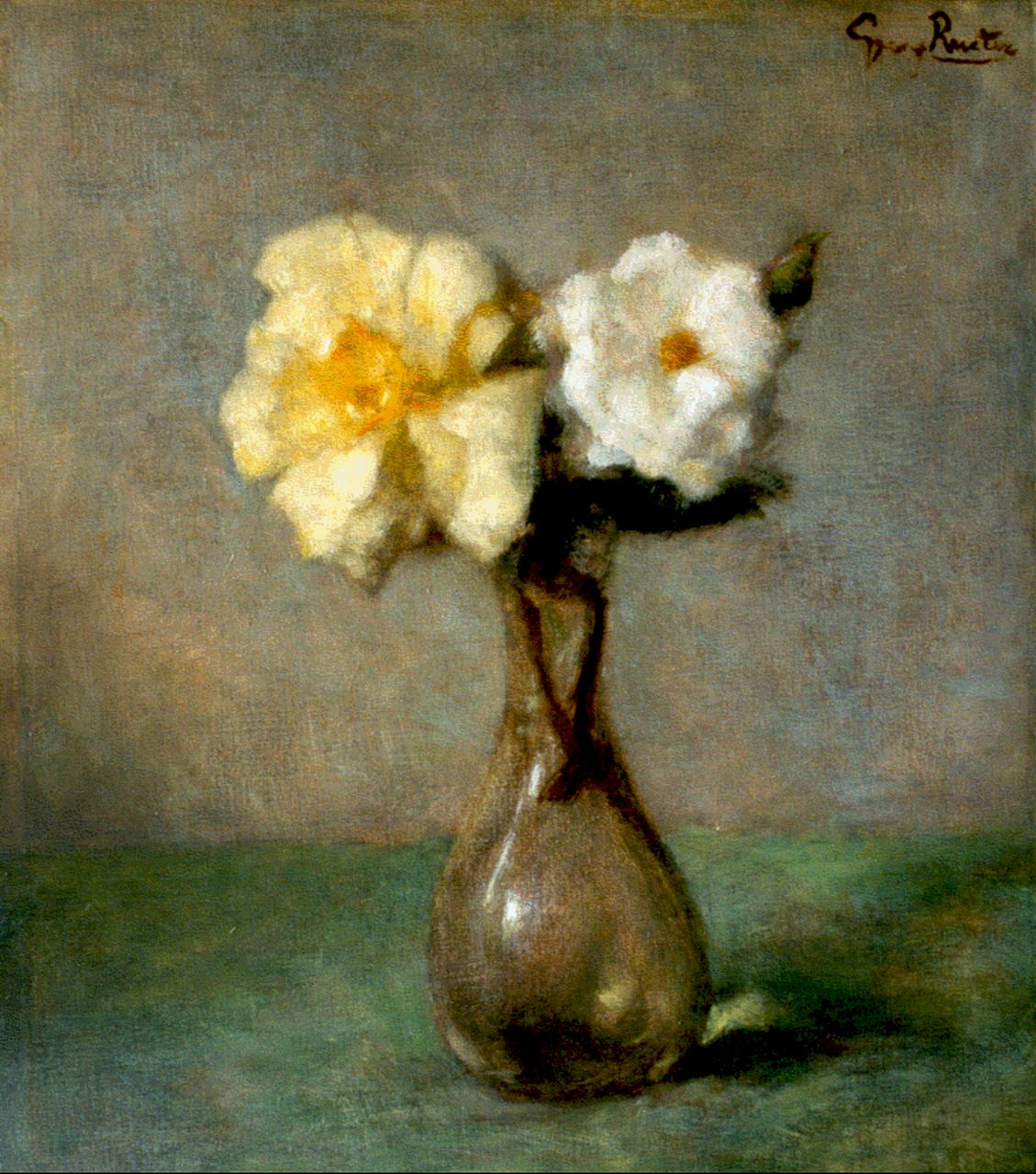 Rueter W.C.G.  | Wilhelm Christian 'Georg' Rueter, Tea-roses in a glass vase, oil on canvas 40.0 x 35.3 cm, signed u.r.