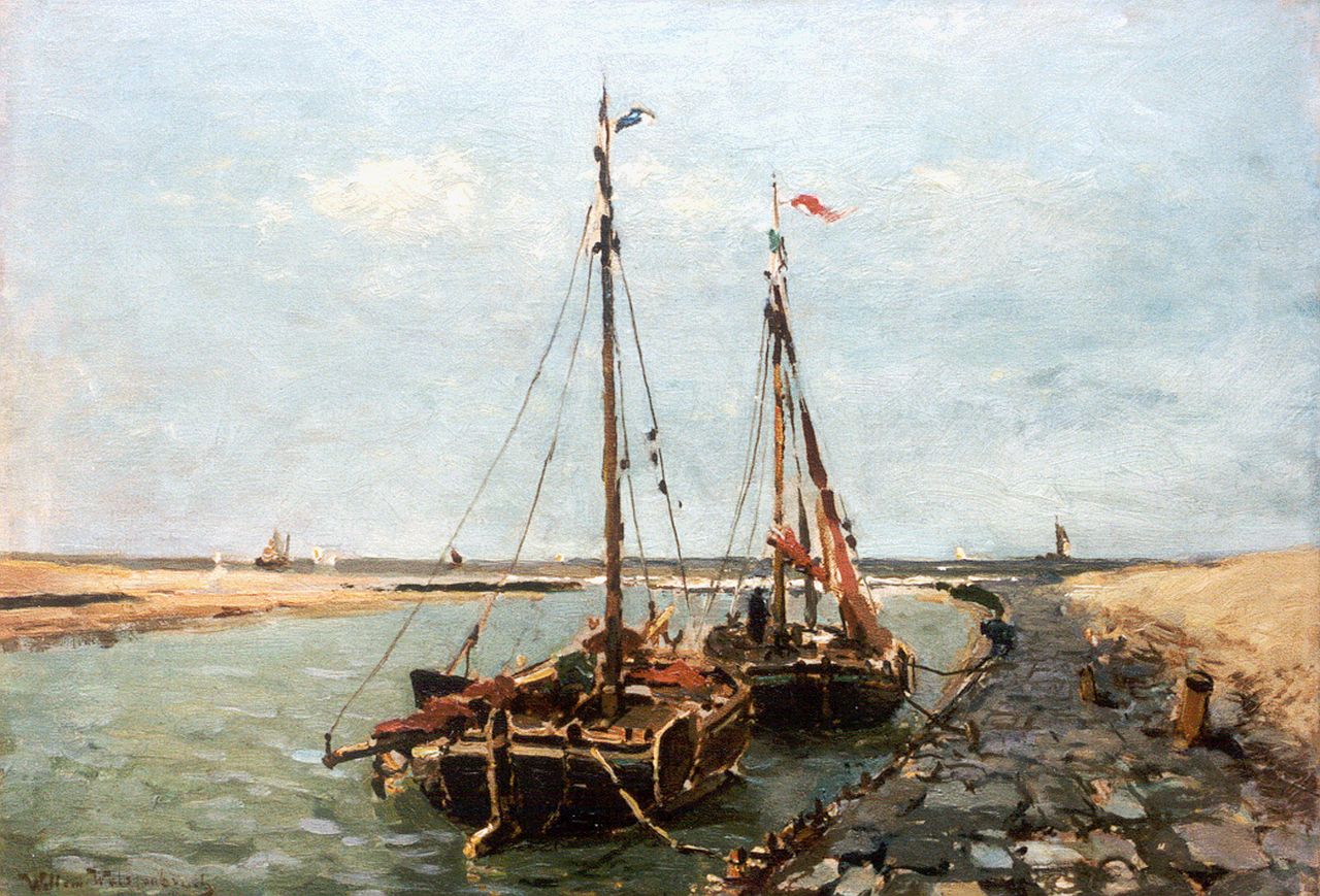 Weissenbruch W.J.  | 'Willem' Johannes Weissenbruch, Moored flatboats, Katwijk aan Zee, oil on canvas 41.7 x 58.6 cm, signed l.l.