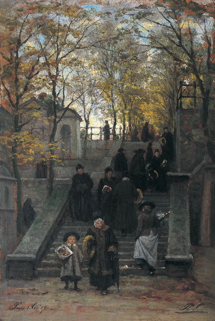 Sadée P.L.J.F.  | Philip Lodewijk Jacob Frederik Sadée, Strollers on the 'Cimetière de Montmartre', Paris, oil on paper laid down on panel 51.0 x 34.4 cm, signed l.r. with initials and dated 1 Nov. '90