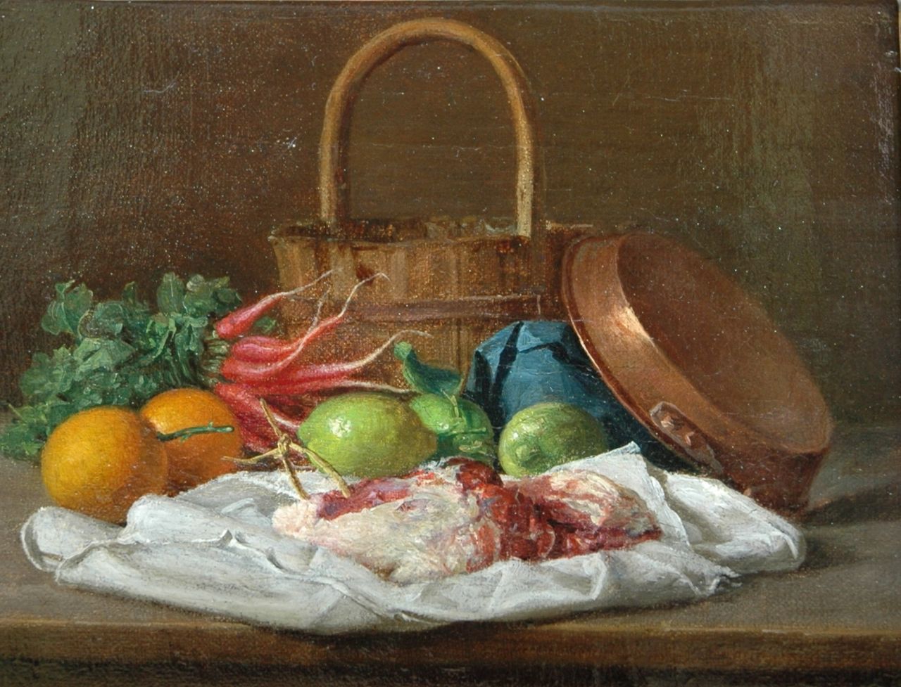 Duitse School, 19 eeuw   | Duitse School, 19 eeuw, A still life with radish and meat, oil on canvas 14.8 x 19.6 cm, signed l.l. with the initials 'D.N.'