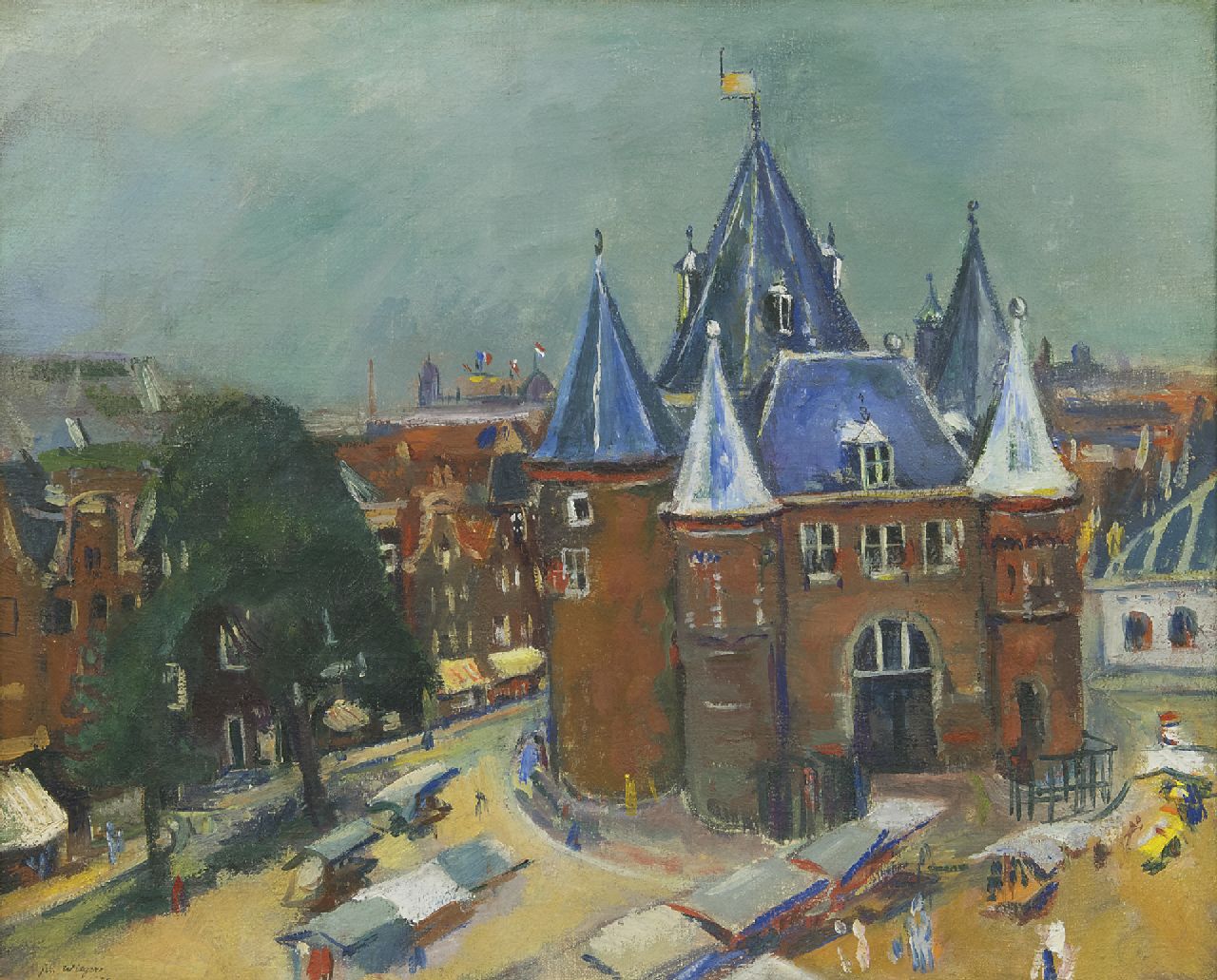 Wiegers J.  | Jan Wiegers, The Nieuwmarkt in Amsterdam, with the Waag, oil on canvas 45.3 x 55.3 cm, signed l.l. and dated '35