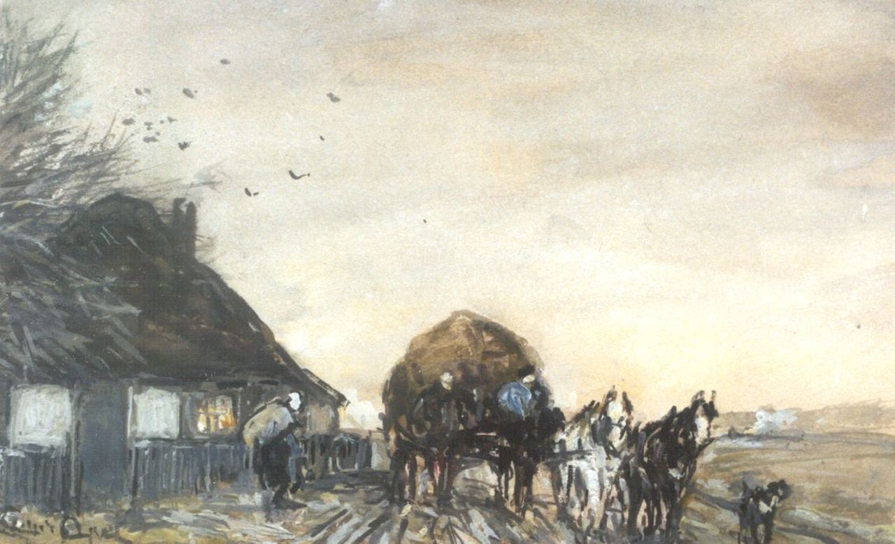 Apol L.F.H.  | Lodewijk Franciscus Hendrik 'Louis' Apol, A hay-wagon near a farm, watercolour and gouache on paper 11.1 x 17.7 cm, signed l.l.