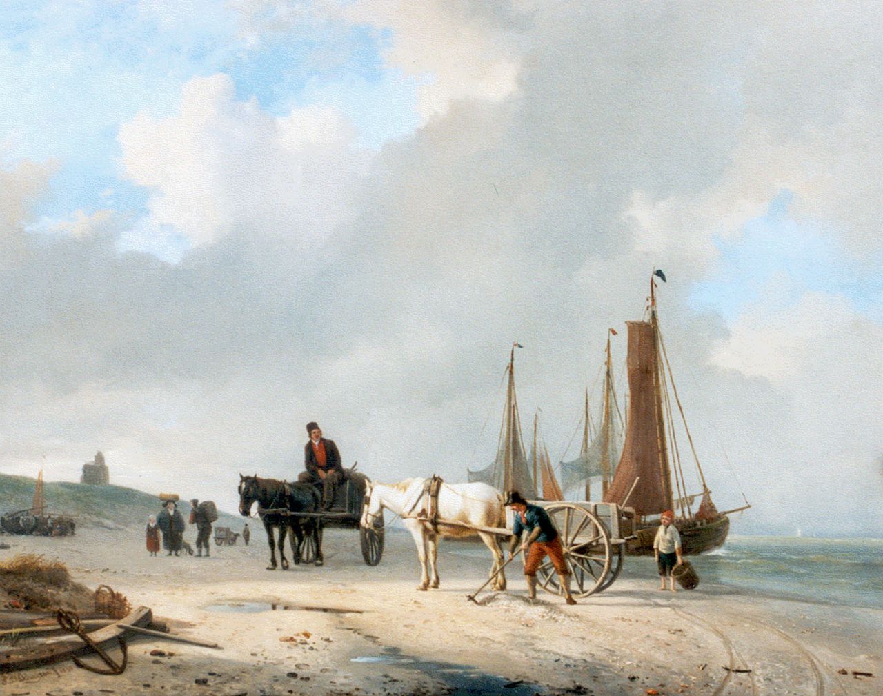 Sande Bakhuyzen H. van de | Hendrikus van de Sande Bakhuyzen, Shell-gatherers on the beach, oil on panel 38.6 x 49.3 cm, signed l.r. and dated 1831