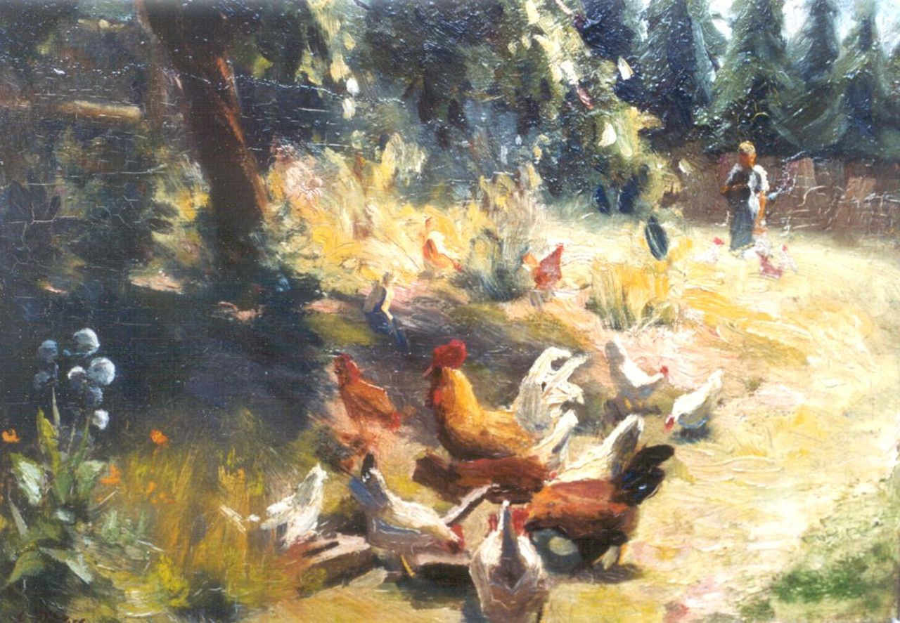 Pieters E.  | Evert Pieters, Chickens in an orchard, oil on board 26.7 x 35.3 cm, signed l.l.