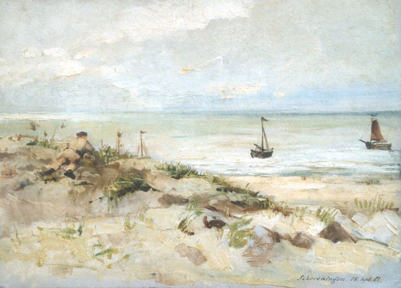 Bettinger G.P.M.  | 'Gustave' Paul Marie Bettinger, A boy in the dunes, Scheveningen, oil on painter's cardboard 23.9 x 32.7 cm, dated 'Scheveningen 15.Sept '81'