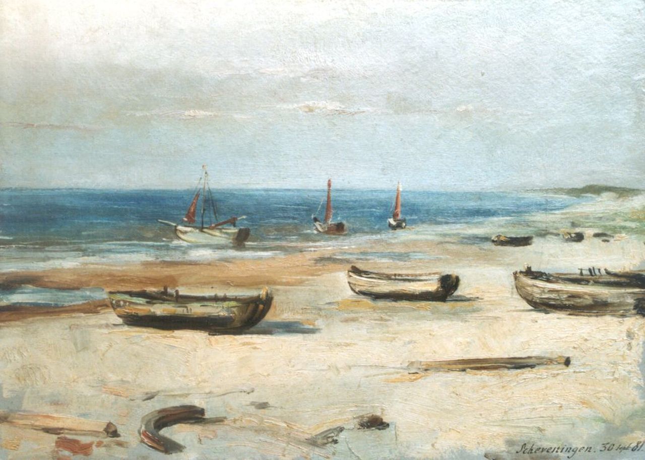 Bettinger G.P.M.  | 'Gustave' Paul Marie Bettinger, 'Bomschuiten' on the beach of Scheveningen, oil on painter's cardboard 23.8 x 32.7 cm, Dated 'Scheveningen 30 sept '81'.