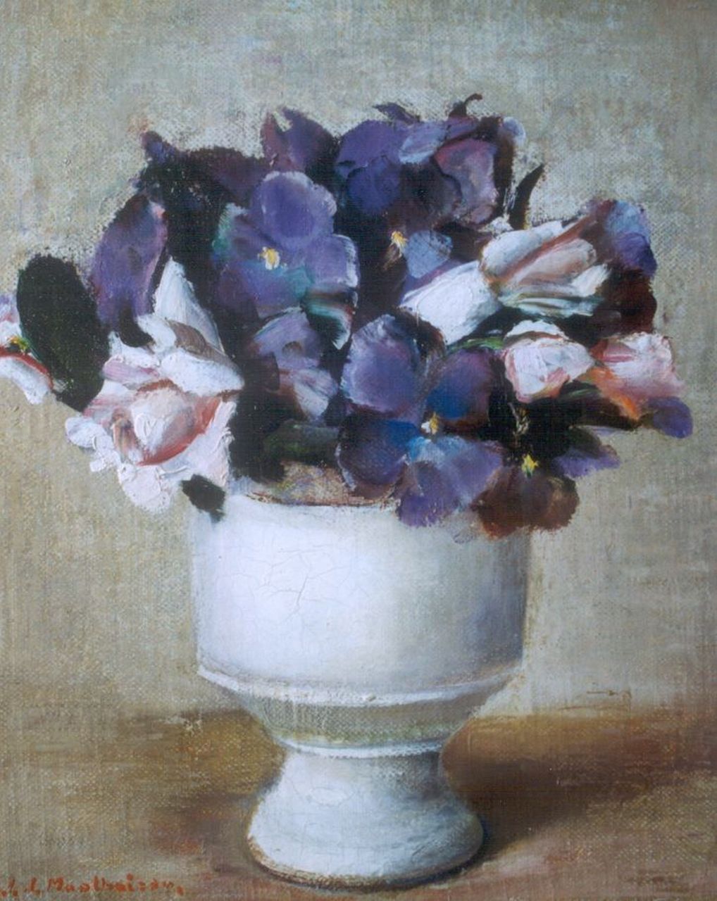 Moolhuizen J.J.  | Jan Jurriën Moolhuizen, A still life with violets and roses, oil on canvas laid down on panel 29.0 x 23.6 cm, signed l.l.