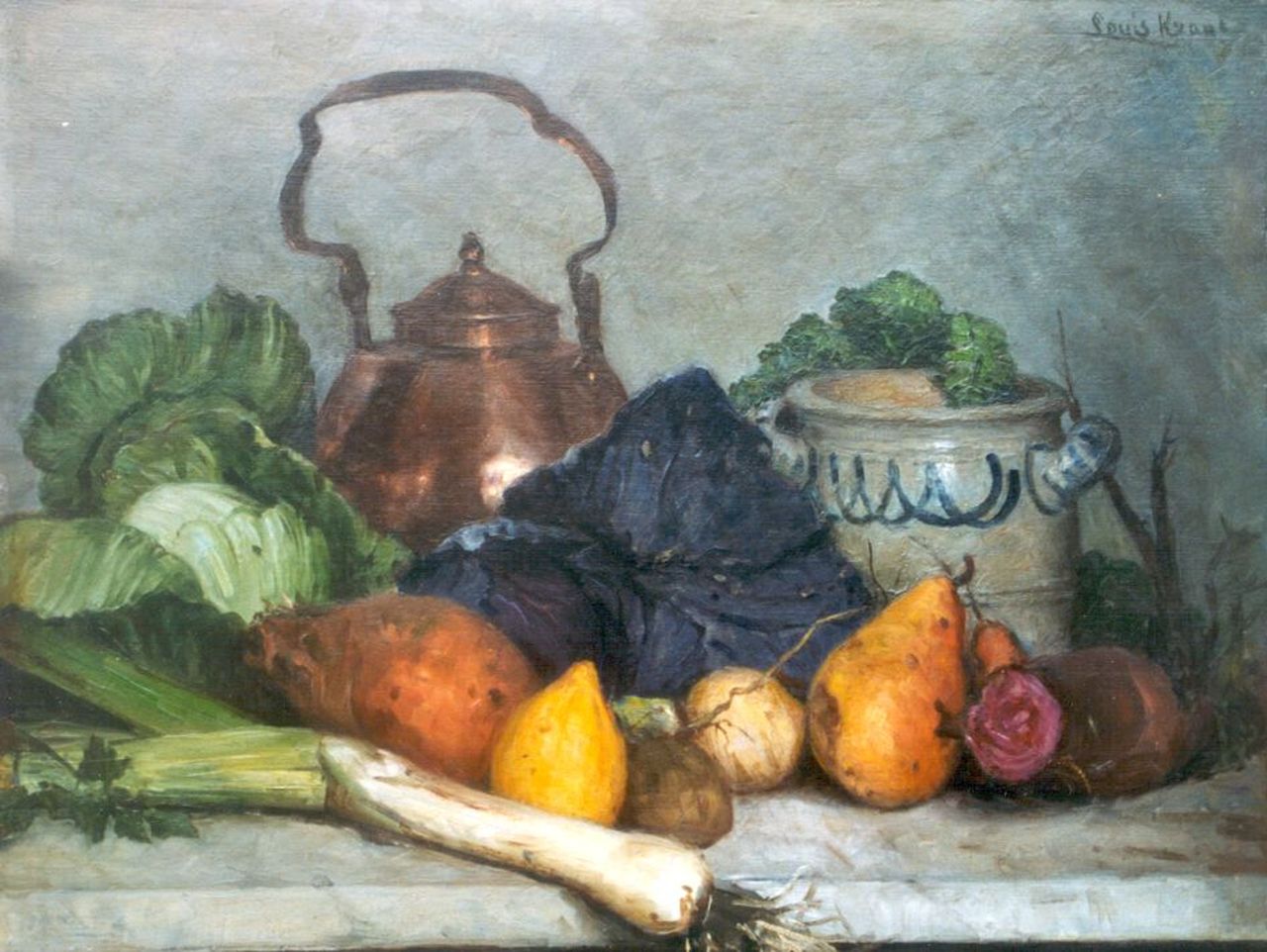 Krans L.M.  | Louis Marie Krans, A still life with vegetables, oil on board 38.1 x 48.2 cm, signed u.r.