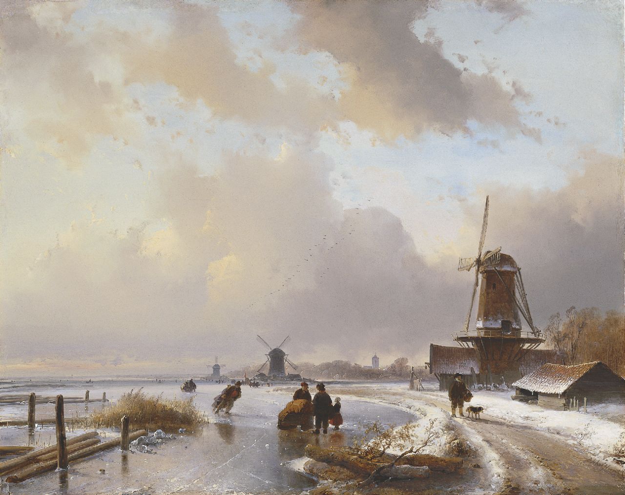 Schelfhout A.  | Andreas Schelfhout, Skaters with a sledge on a frozen river, oil on panel 40.5 x 50.9 cm, signed l.r. and painted in 1837