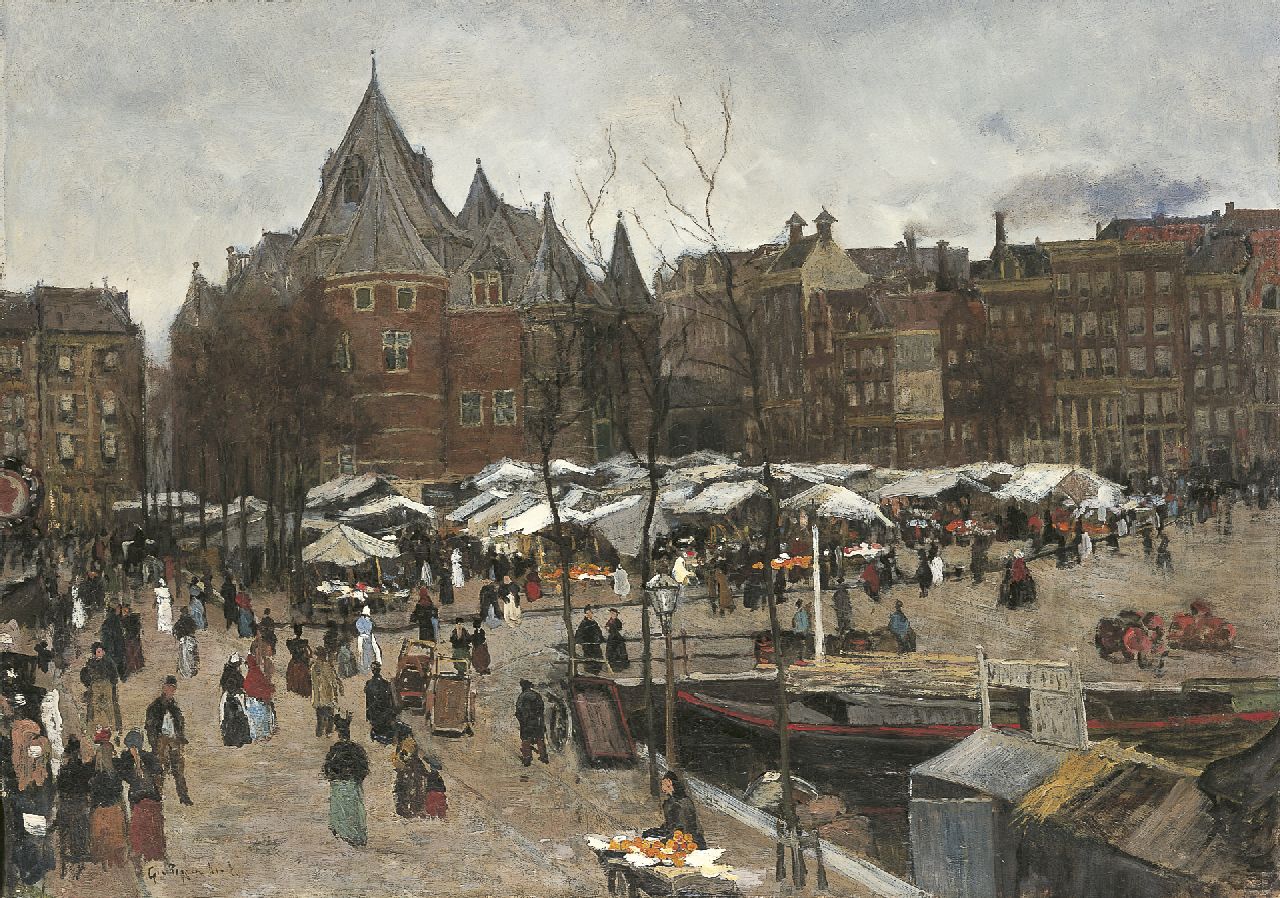 Poggenbeek G.J.H.  | George Jan Hendrik 'Geo' Poggenbeek, Market day, Nieuwmarkt, Amsterdam, oil on canvas 53.9 x 76.6 cm, signed l.l.