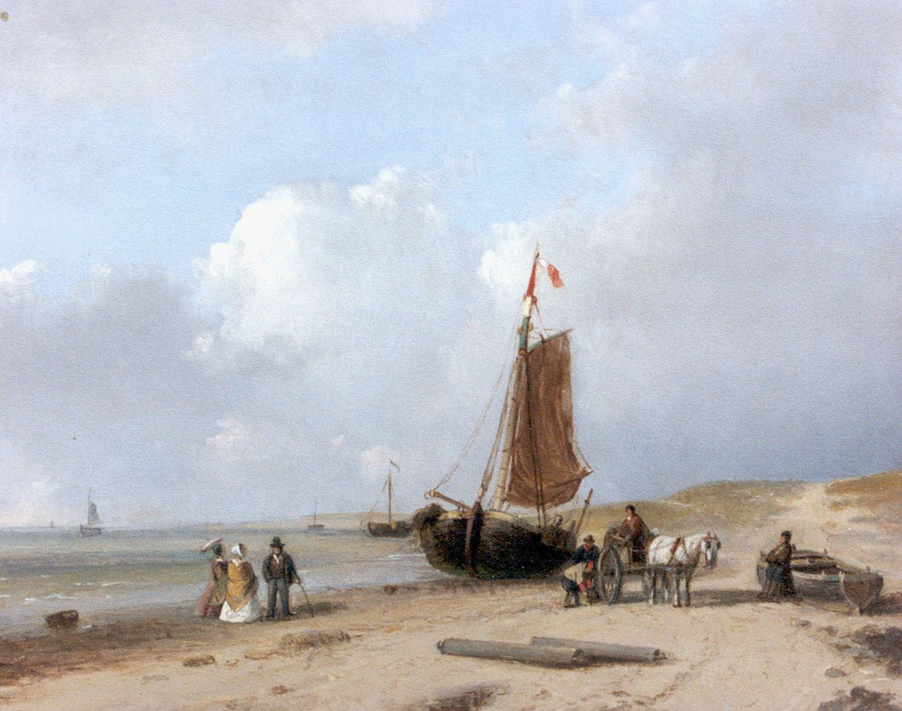 Brouwer P.M.  | Petrus Marius Brouwer, Unloading the catch on the beach, oil on panel 16.7 x 20.6 cm, signed l.l.