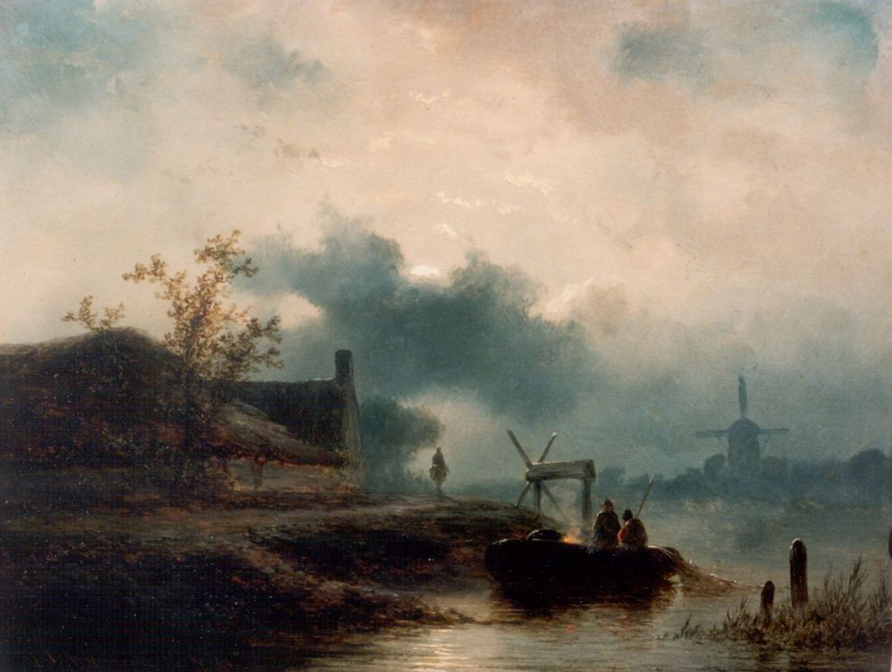 Hoppenbrouwers J.F.  | Johannes Franciscus Hoppenbrouwers, A moonlit river landscape, oil on panel 18.0 x 23.5 cm, signed l.l. and dated '56