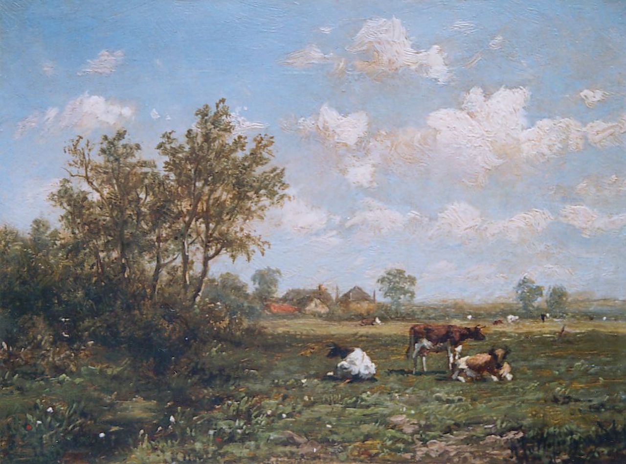 Wijngaerdt A.J. van | Anthonie Jacobus van Wijngaerdt, Cows in a summer landscape, oil on panel 11.4 x 15.4 cm, signed l.r.